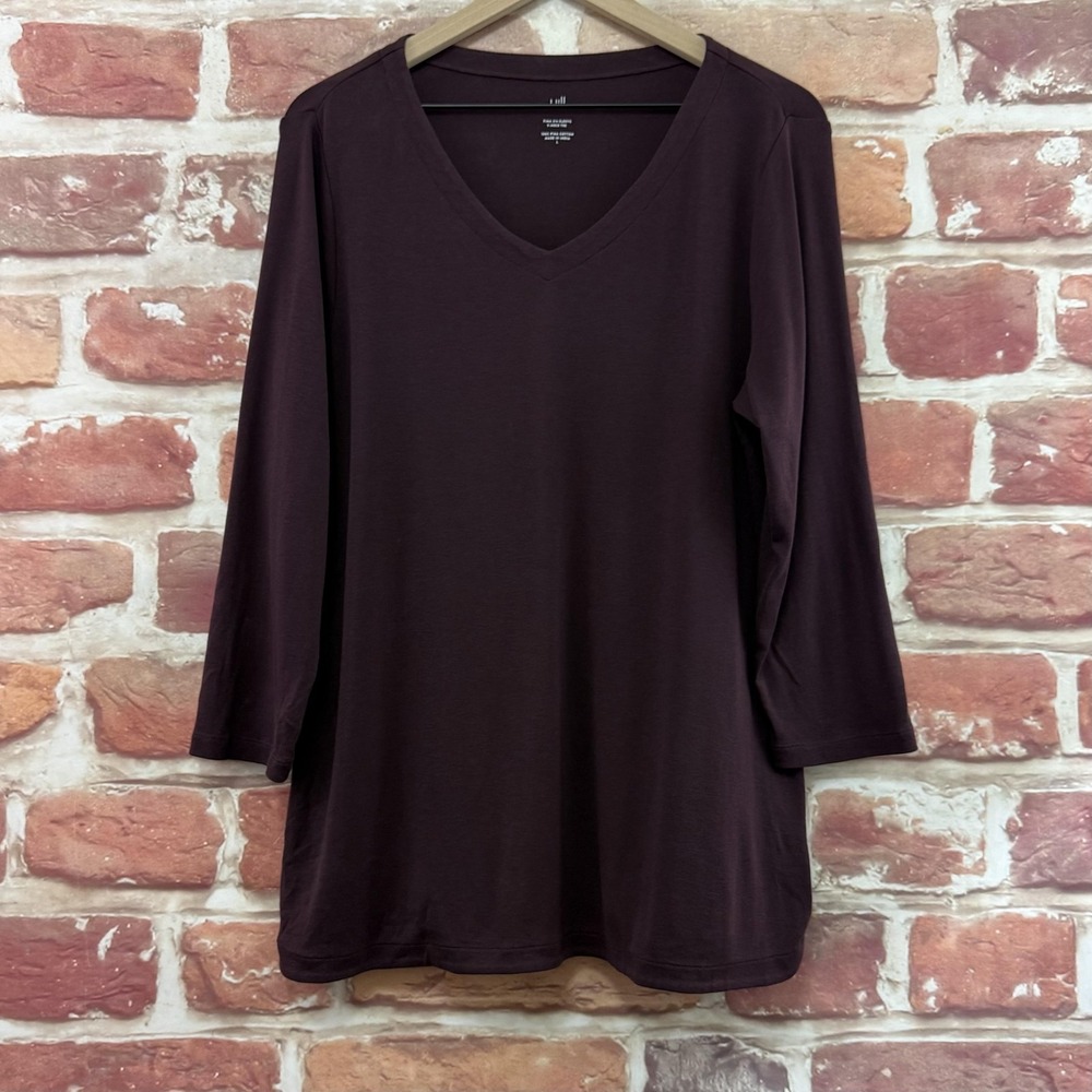 J Jill Pima V Neck 3/4 Tee Top Womens Large Brown Casual Basic Everyday T Shirt